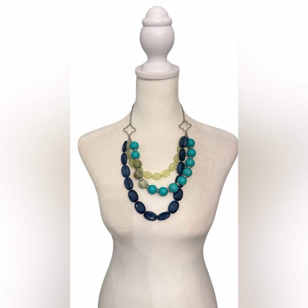 #744 Simple Addiction Triple Strand Beaded Necklace Blue Green Statement
